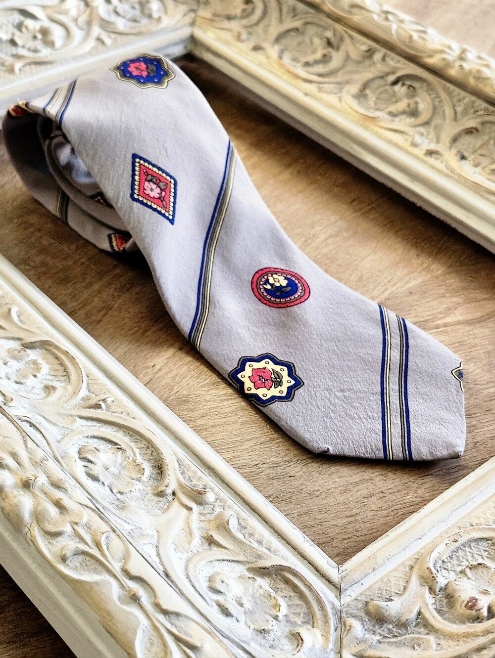 Vintage Christian Dior Monsieur Grey Floral Medallion Silk Tie